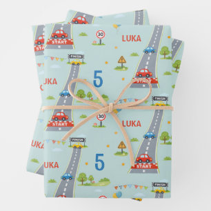 Feuille De Papier Cadeau Fête d'anniversaire de course de voiture pour enfa