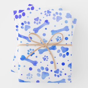 Feuille De Papier Cadeau Fête d'anniversaire des Empreintes de pattes bleus