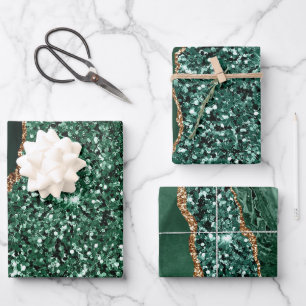 Feuille De Papier Cadeau Fête d'anniversaire élégante avec paillettes verte
