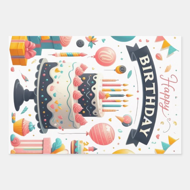 Feuille De Papier Cadeau Fête d'anniversaire gaie Gâteau et ballons (Devant)