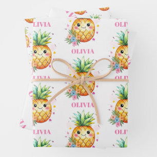 Feuille De Papier Cadeau Fête d'anniversaire tropicale fille nom ananas ros