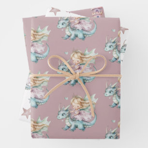 Feuille De Papier Cadeau Fête de Bébé Fille Rose Conte de Fées Rêveur Drago