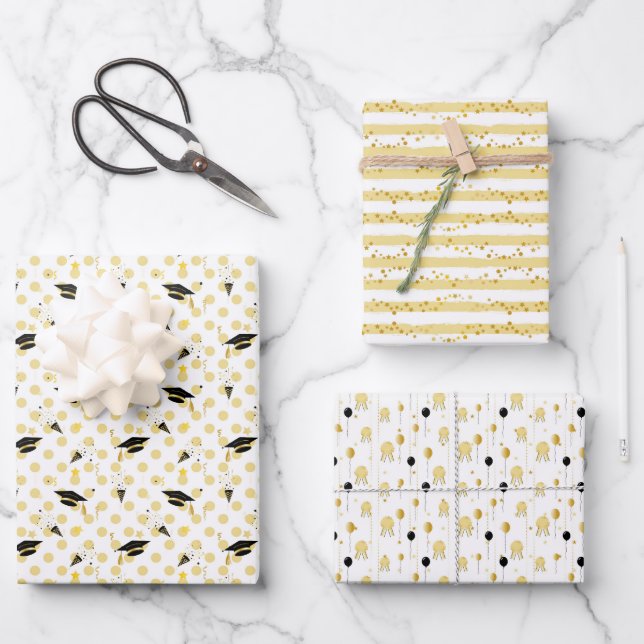 Feuille De Papier Cadeau Fête de fin d'études dorée 3 (Recto)