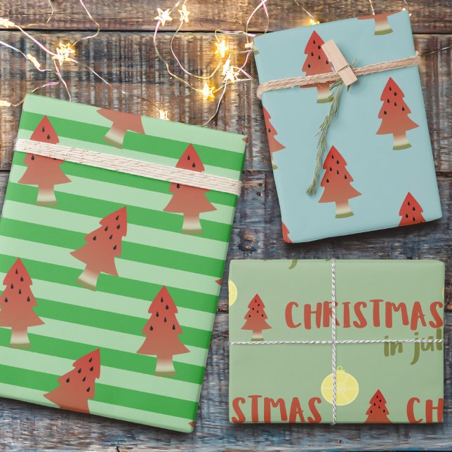 Feuille De Papier Cadeau Fête De La Pastèque En Juillet Trio (Fun and festive watermelon Christmas tree wrapping paper sheets)