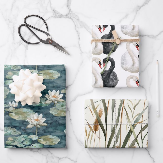 Feuille De Papier Cadeau Fête de mariage de cygnes de lac romantiques (Recto)