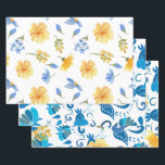 Feuille De Papier Cadeau Fête de mariage italien avec des carreaux floraux<br><div class="desc">Cette conception florale à l'aquarelle présente des fleurs élégantes à l'aquarelle de couleur jaune avec un fond italien bleu et blanc. Un papier d'emballage parfait et élégant pour les cadeaux de fête de mariage bleu moderne. Envoyez-moi un message pour toute aide ou commande personnalisée.</div>