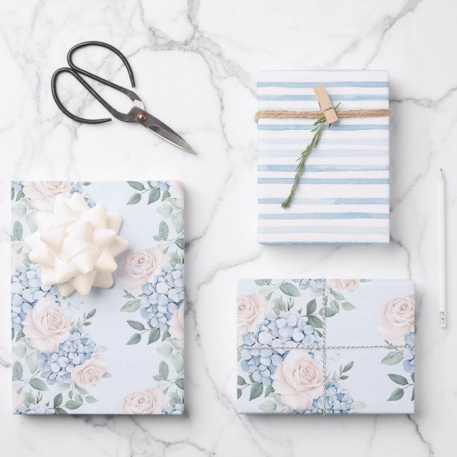 Feuille De Papier Cadeau Fête de mariage Romantique Fleurs Roses et Bleues (Recto)