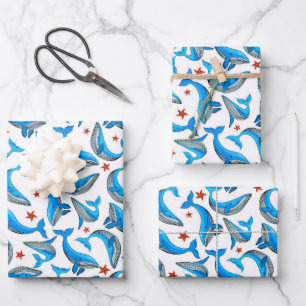 Feuille De Papier Cadeau Fête de motif en carrelage de baleine de plage coo