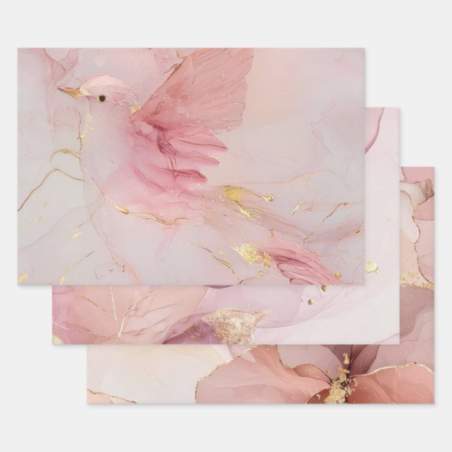 Feuille De Papier Cadeau Fête de Naissance Bébé Oiseaux Rose Fard Doré (Lot)