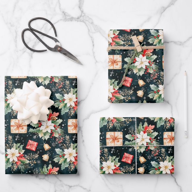 Feuille De Papier Cadeau Fête de Noël Poinsettia Flowers (Recto)