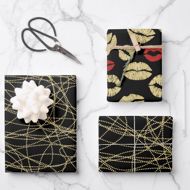 Feuille De Papier Cadeau Fête des mariées Black Gold Abstrait Red Lips (Recto)