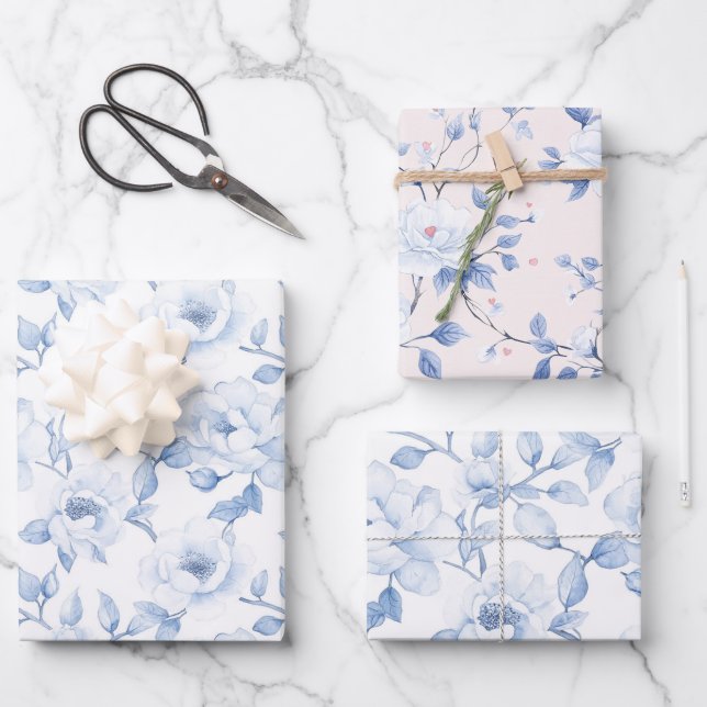 Feuille De Papier Cadeau Fête des mariées florale Bleu Chic (Recto)