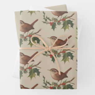 Feuille De Papier Cadeau Fête oiseau Troglodyte sur branche de houx Noël Na