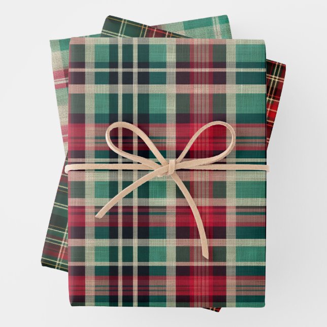 Feuille De Papier Cadeau Fêtes Crème Rouge Vert Trappe Plaid (En situation)