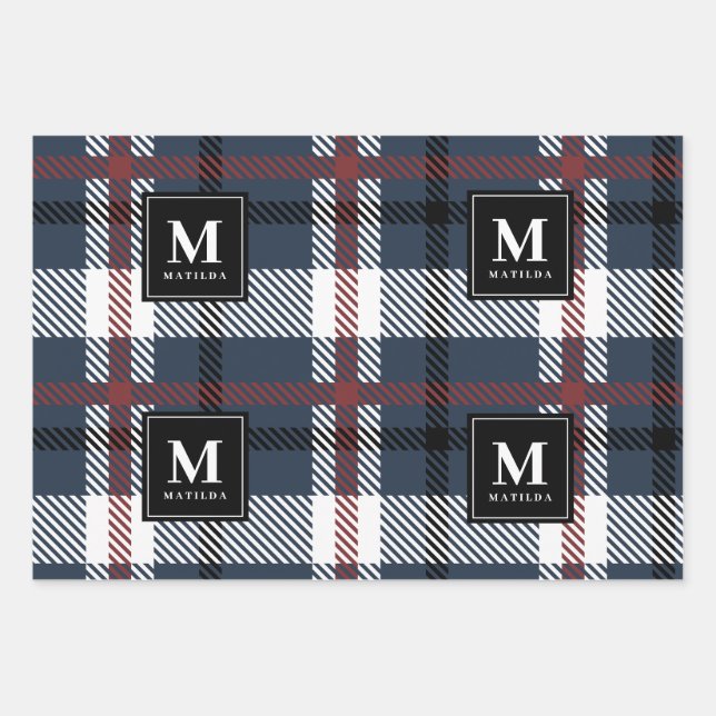 Feuille De Papier Cadeau Fêtes tartan monogramme personnalisées (Devant)