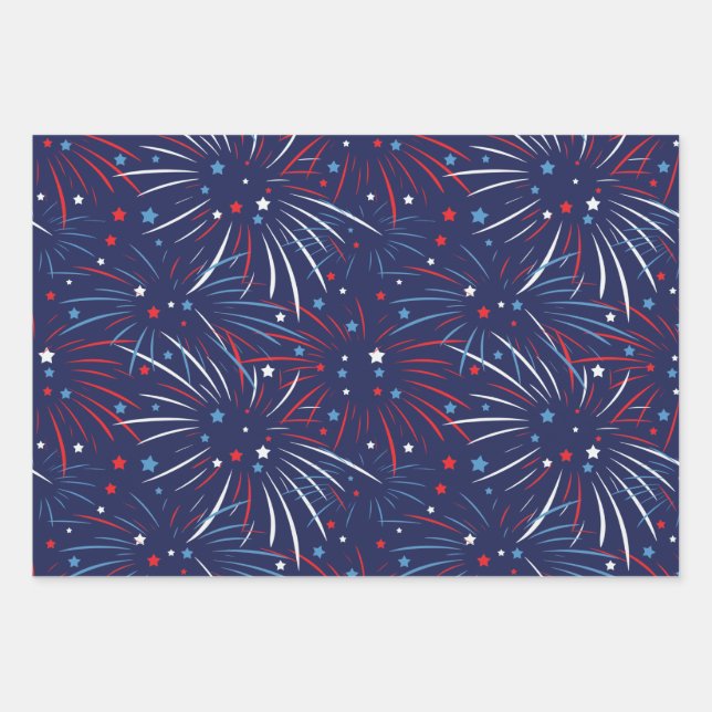 Feuille De Papier Cadeau Feu d'artifice bleu rouge (Devant)