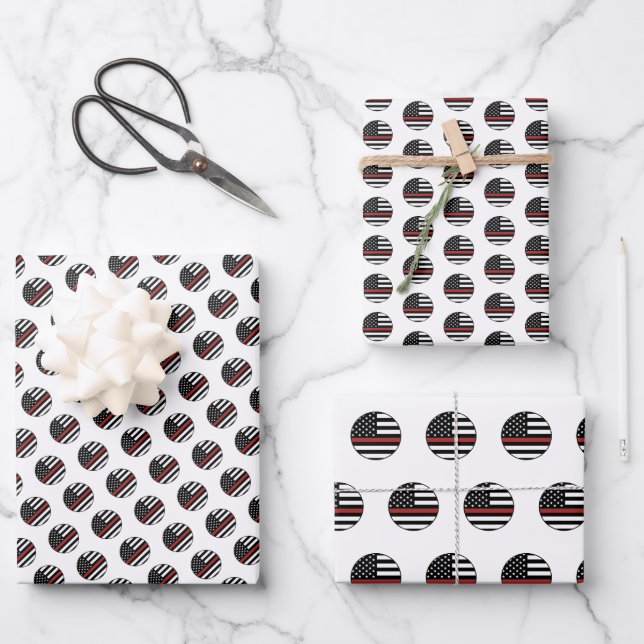 Feuille De Papier Cadeau Feu de pompier mince ligne rouge Secourir drapeau  (Recto)