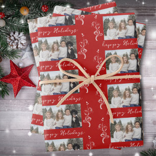 Feuille De Papier Cadeau Feuillage de photo de famille Noël Joyeux Fête Rou