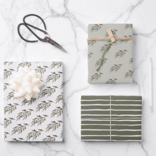 Feuille De Papier Cadeau Feuillage et baies de Noël