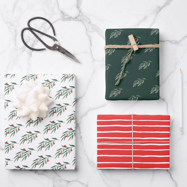 Feuille De Papier Cadeau Feuillage et baies de Noël (Recto)