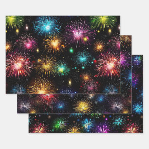 Feuille De Papier Cadeau Feux d'artifice arc-en-ciel élégants sur fond noir