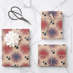 Feuille De Papier Cadeau Feux d'artifice étoiles patriotiques blanc bleu cr