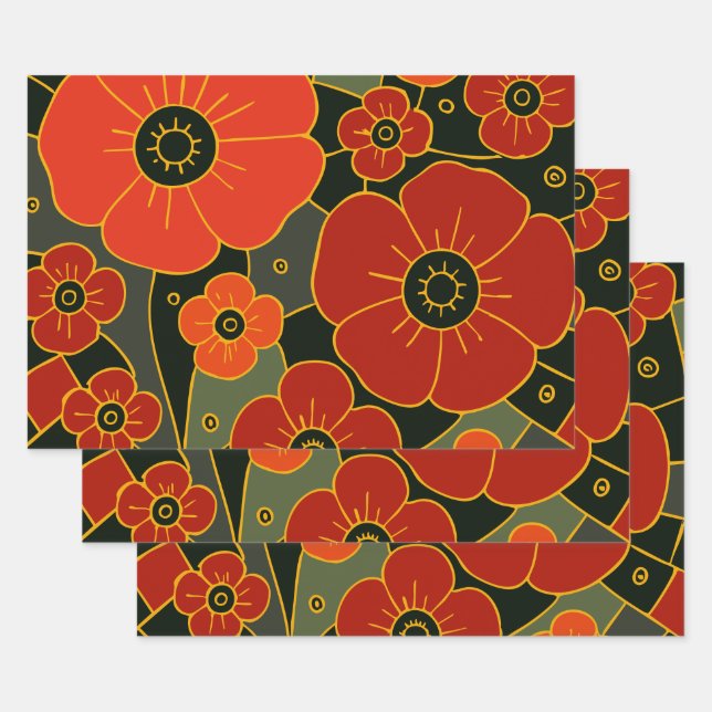 Feuille De Papier Cadeau Fiery Garden – Stylized Poppy Bloom (Lot)