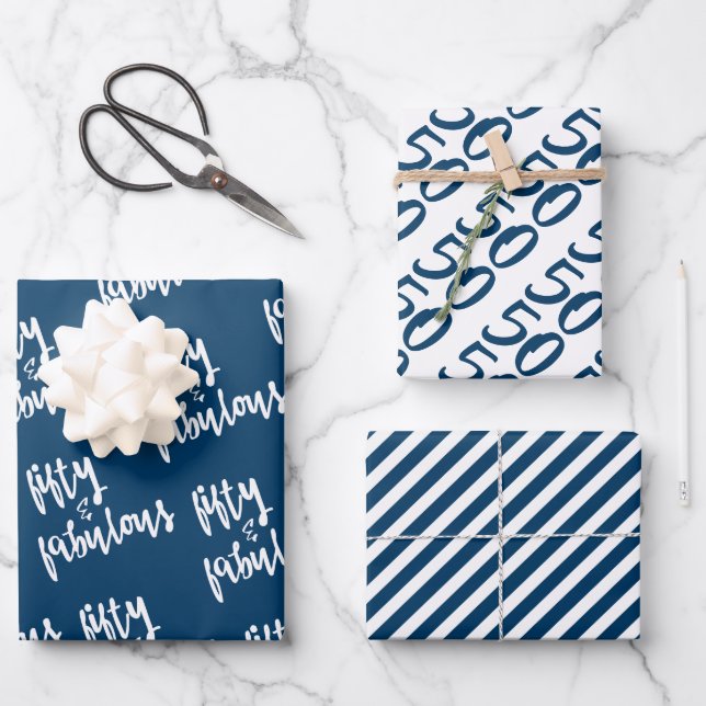 Feuille De Papier Cadeau Fifty & Fabulous - Fun Navy Blue 50th Birthday (Recto)