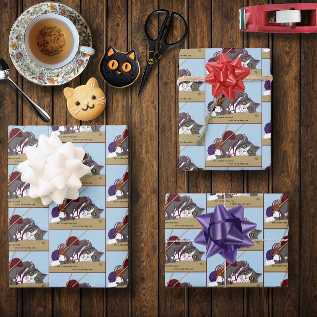Feuille De Papier Cadeau Fil Tricot drôle Chat (Créateur téléchargé)