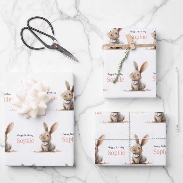 Feuille De Papier Cadeau Fille Anniversaire Lapin Mignon (Recto)