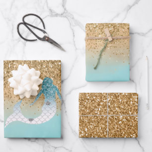 Feuille De Papier Cadeau Fille Aqua Aquarelle or Parties scintillant sirène