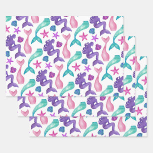 Feuille De Papier Cadeau Fille Aquarelle Mermaids Contes Coquillages Motif
