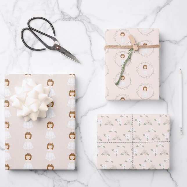 Feuille De Papier Cadeau Fille Communion priant (Recto)