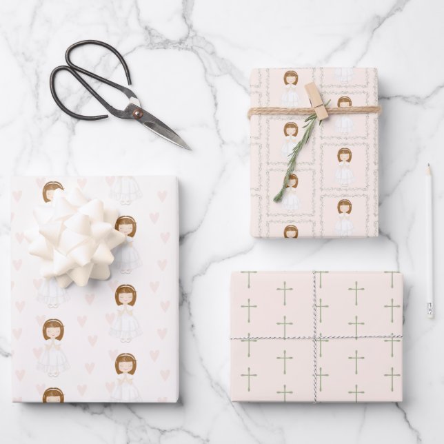 Feuille De Papier Cadeau Fille Communion priant (Recto)