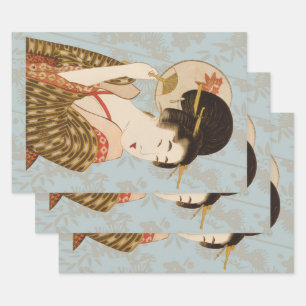 Feuille De Papier Cadeau Fille de Geisha japonaise vintage en kimono avec é
