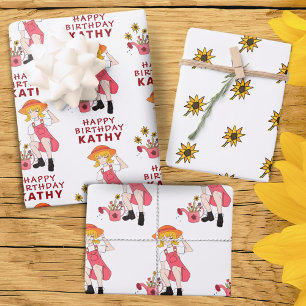 Feuille De Papier Cadeau Fille de jardinage avec Tournesols Joyeux Annivers