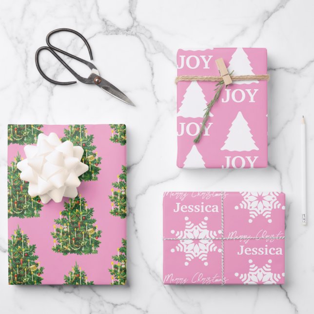 Feuille De Papier Cadeau Fille de Noël Motif rose et blanc (Recto)