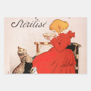 Feuille De Papier Cadeau Fille en Robe Rouge Boire Lait Steinlen Poster