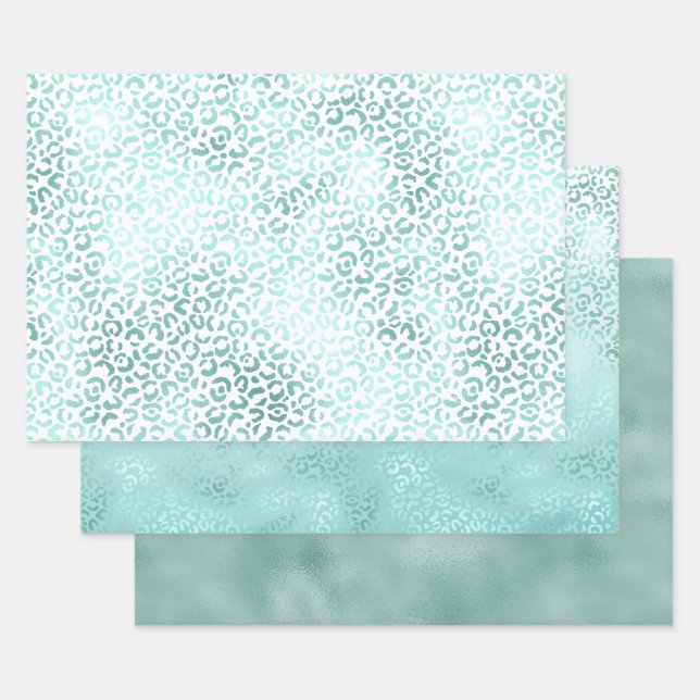 Feuille De Papier Cadeau Fille Mint Blanc Glam Ombre Empreinte de léopard (Lot)