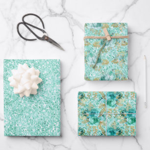 Feuille De Papier Cadeau Fille Mint Parties scintillant or Floral