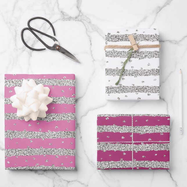 Feuille De Papier Cadeau Fille Rose Argent Sparkly Confetti Stripes (Recto)