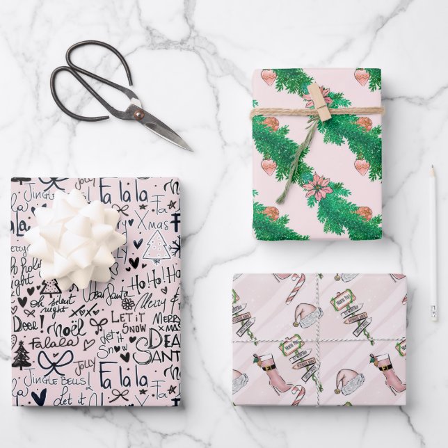 Feuille De Papier Cadeau Fille Rose d'hiver Fun Bottes Holly Noël (Recto)