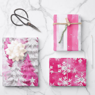 Feuille De Papier Cadeau Fille rose Silver Glam Arbres de Noël Stripes