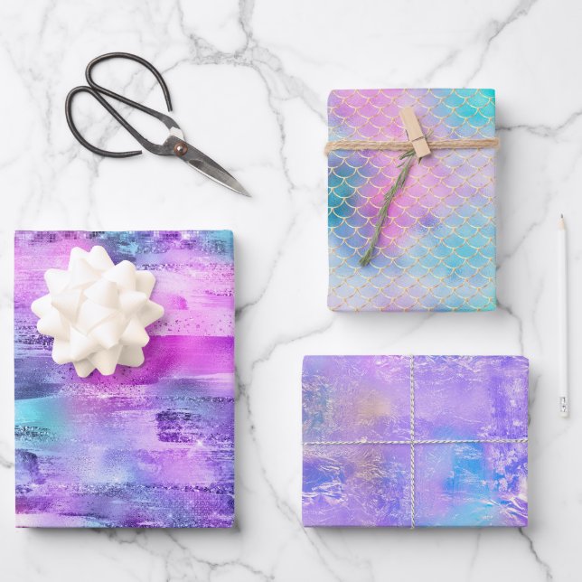 Feuille De Papier Cadeau Fille Rose Violet Aqua Glitzy Sirène Stripes (Recto)
