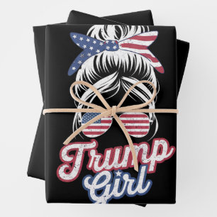 Feuille De Papier Cadeau Fille Trump Bun Messy Vintage Drapeau USA Américai