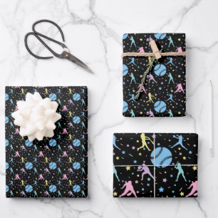 Feuille De Papier Cadeau Filles Softball - Joueuses avec étoiles