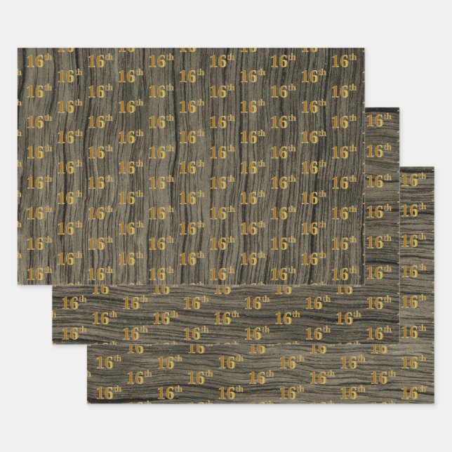 Feuille De Papier Cadeau Finition bois rustique faux, élégant or faux "16th (Lot)