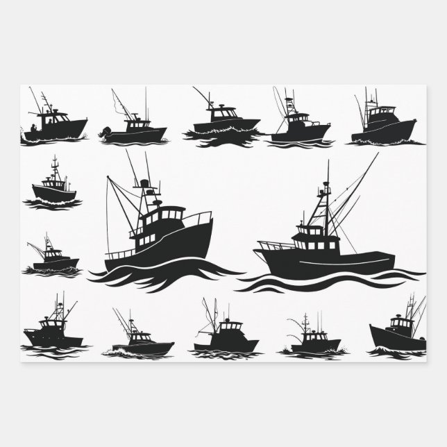 Feuille De Papier Cadeau Fishing Boat Silhouette Pattern Wrapping Paper (Devant)