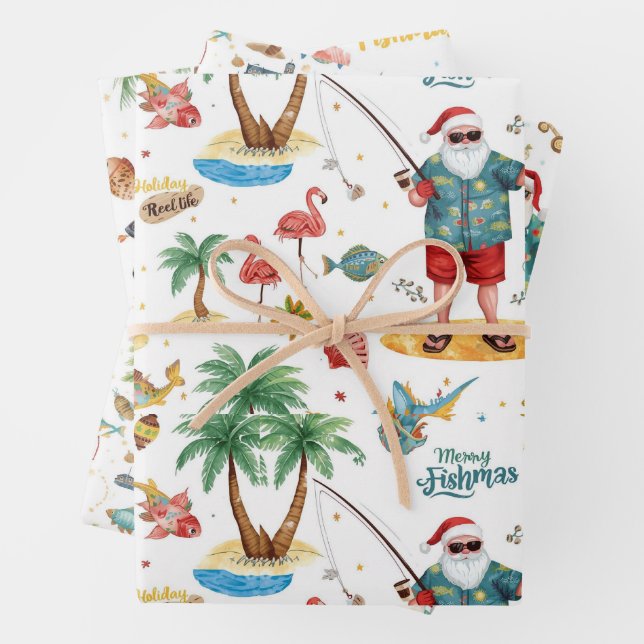 Feuille De Papier Cadeau Fishing Lovers Christmas with Santa Claus (En situation)