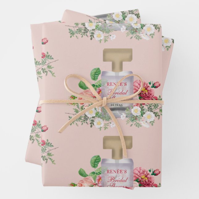 Feuille De Papier Cadeau Flacon de parfum rose poudré Fête de mariage flora (En situation)
